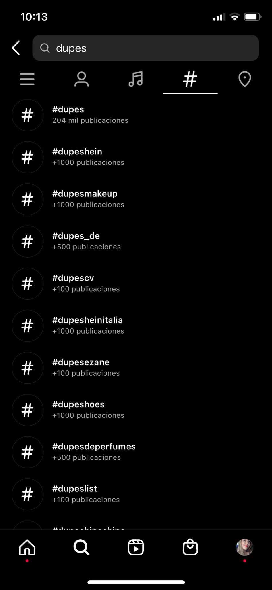Principales sugerencias de Instagram al escribir "dupes" a fecha de 28/12